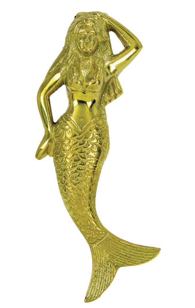 Brass mermaid door knocker with detailed casting and polished finish, perfect for coastal entryways.