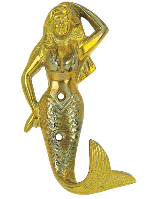 Brass mermaid wall hook with detailed casting and polished gold-toned finish for coastal décor.