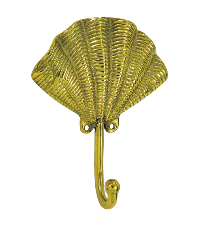Brass scallop shell wall hook with polished gold finish and detailed ribbed texture.