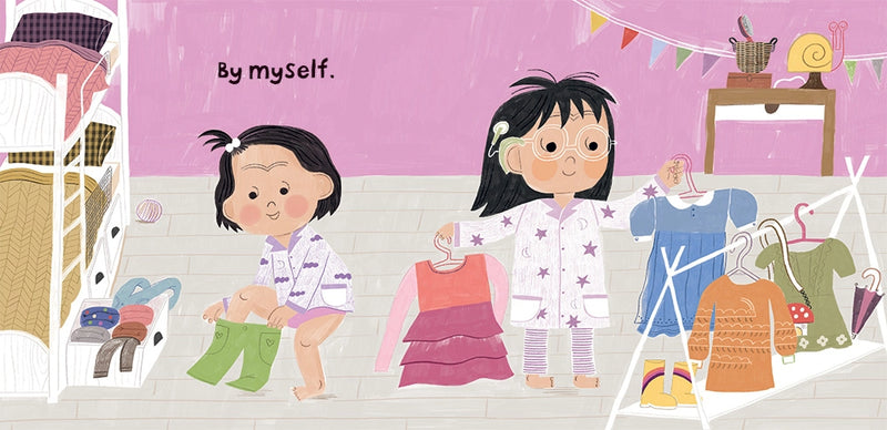 "By Myself!" children's board book featuring a toddler attempting to dress herself.