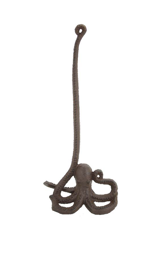 Brown cast iron octopus paper towel holder with long vertical post and detailed tentacle base.