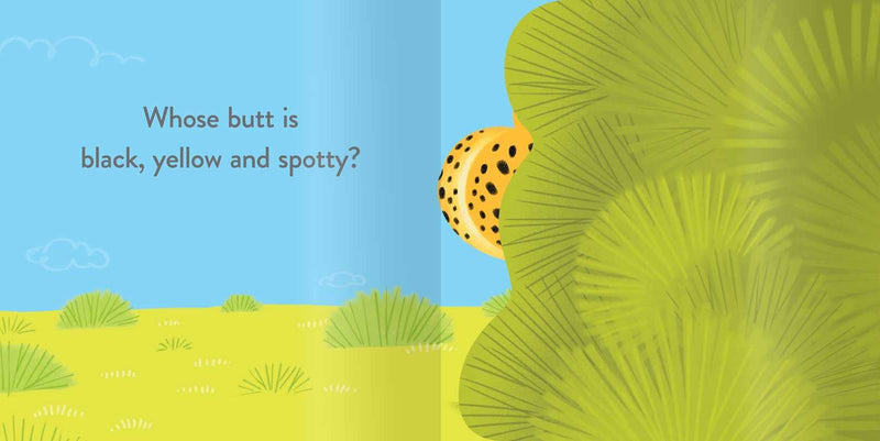 Illustration of a spotted animal behind green leaves with text asking 'Whose butt is black, yellow and spotty?'.