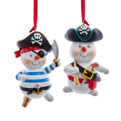 Two pirate-themed snowman ornaments with red ribbons on a white background