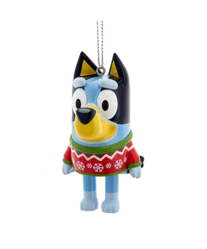 Bluey character ornament wearing a Christmas sweater on a white background