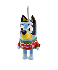 Bluey character ornament wearing a Christmas sweater on a white background
