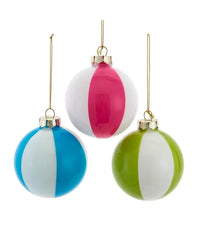 Three colorful beach ball ornaments with gold hooks on a white background