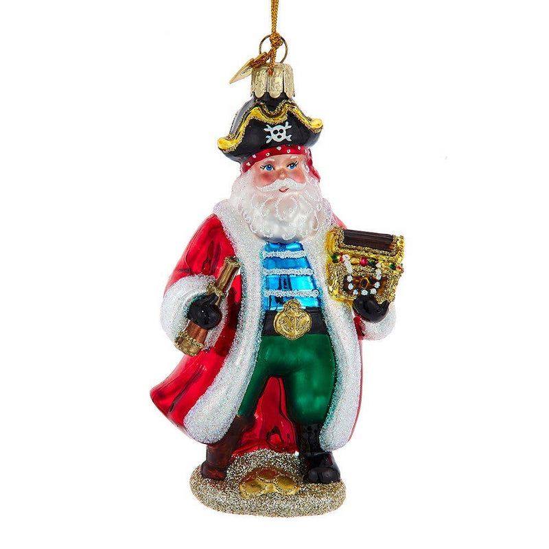 Pirate Santa Claus ornament with a treasure chest and sword on a white background