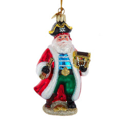 Pirate Santa Claus ornament with a treasure chest and sword on a white background