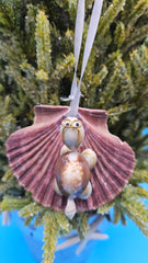 Christmas scallop shell ornament turtle with glasses – coastal holiday decoration
