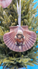 Christmas scallop shell ornament turtle with hat – coastal holiday decoration