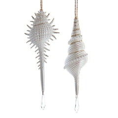 Two decorative shell ornaments hanging against a white background