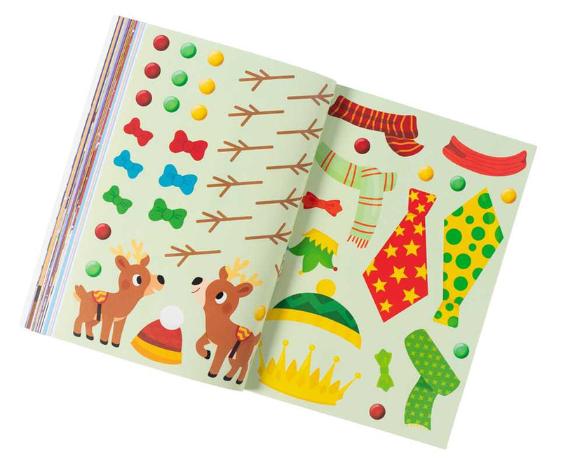 Two sheets of colorful stickers with reindeer, hats, and other designs on a white background.