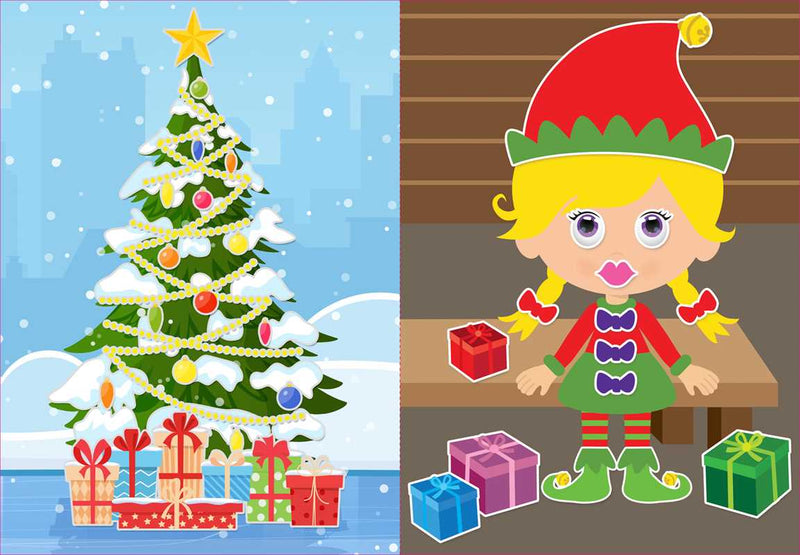 Split image with a decorated Christmas tree on the left and an elf on the right.