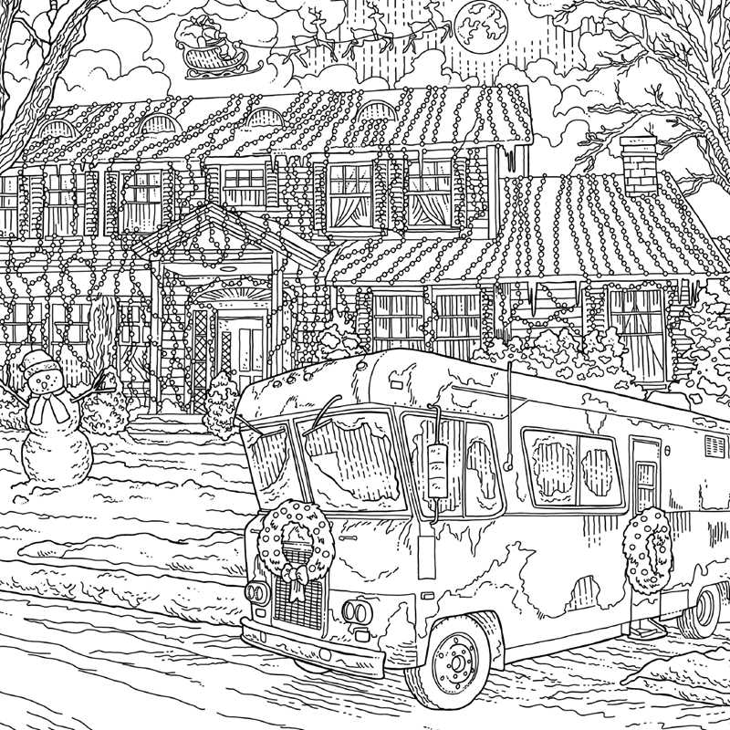 Black and white illustration of a vintage bus in a snowy village scene with houses and a snowman.