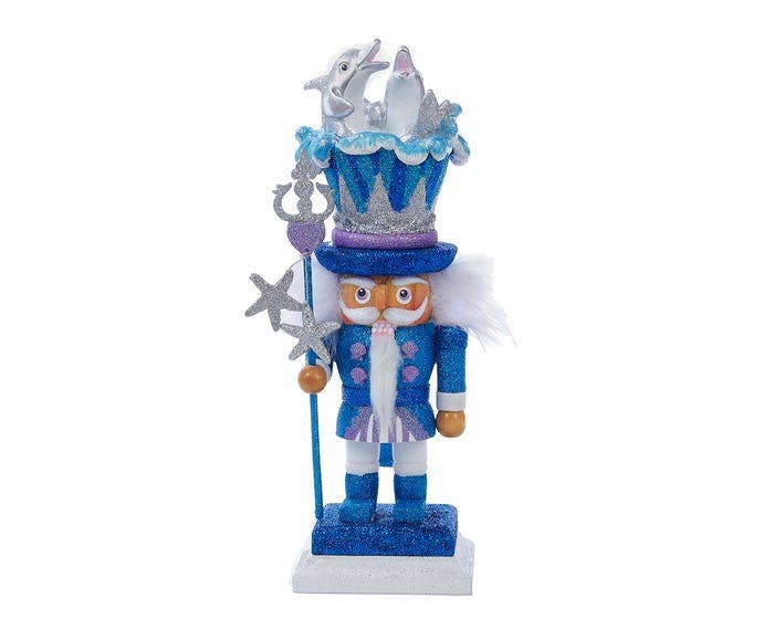 Decorative nutcracker with blue and white theme on a white background