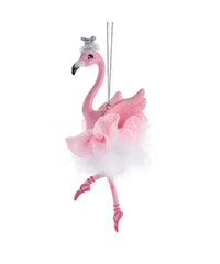 Pink flamingo ornament with a silver tiara on a white background