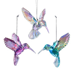 Three iridescent hummingbird ornaments on a white background