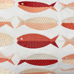 Close-up of the embroidered fish design on the Coral Fish Pattern Pillow, highlighting the intricate detailing in coral, gray, and beige tones.