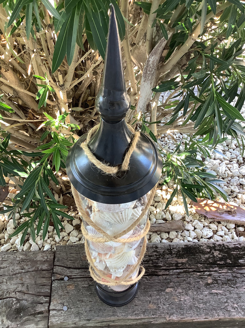 Display of 37-inch shell-filled glass vase used as a coastal home décor accent, available for in-store pickup only