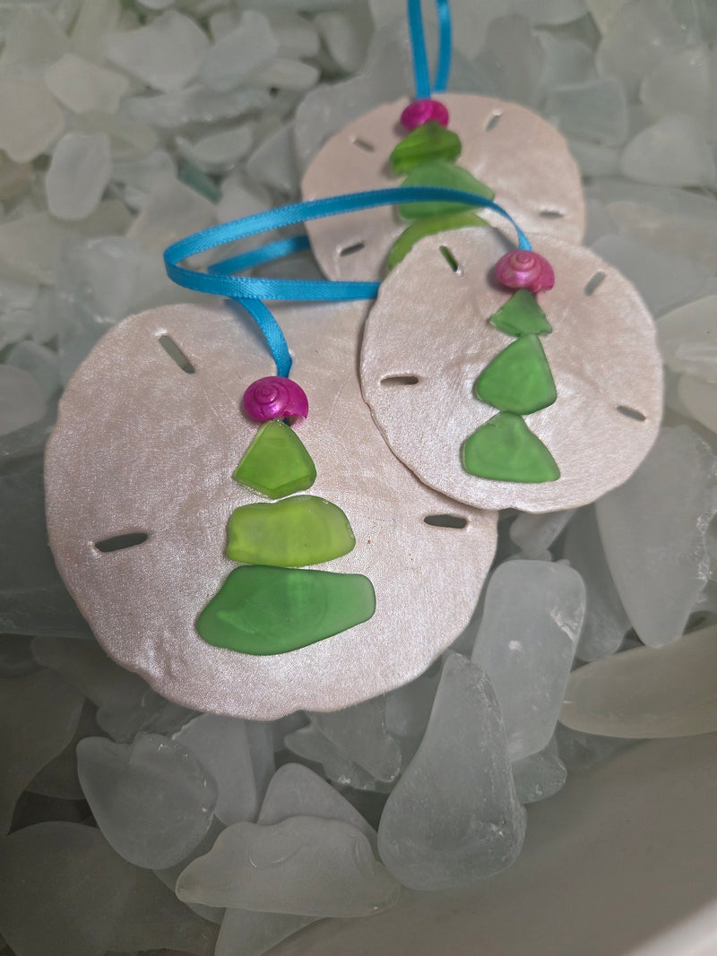 Coastal Sand Dollar Ornament with green sea glass and pink shell topper