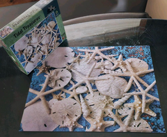 Completed Tidal Treasure puzzle showcasing sun-bleached starfish and sand dollars arranged on a blue and gold background.