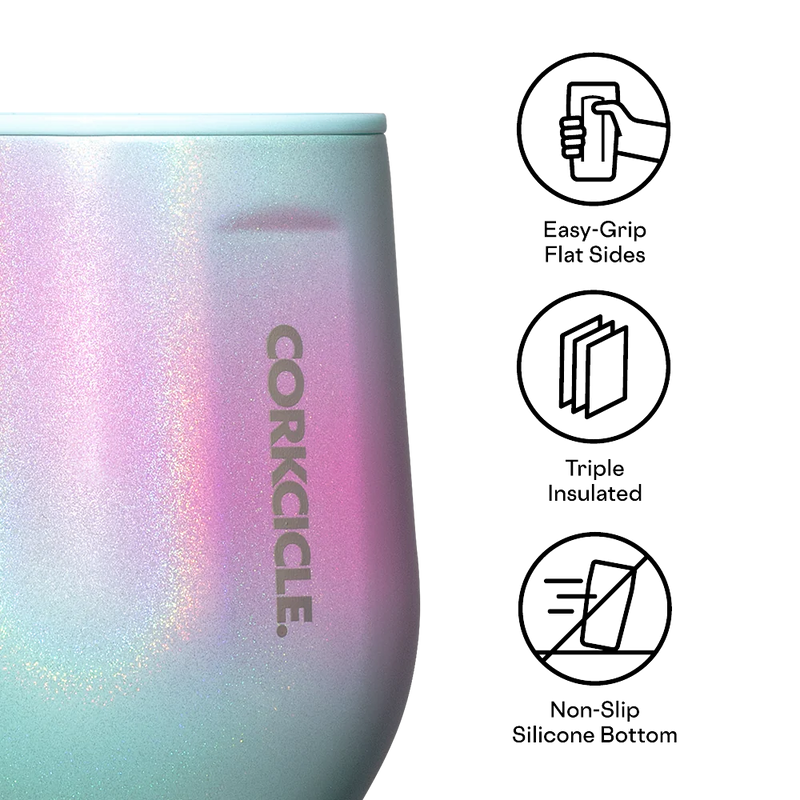 Close-up view of Corkcicle Stemless wine cup with triple-insulated, easy-grip sides, and non-slip silicone bottom icons.