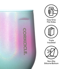 Close-up view of Corkcicle Stemless wine cup with triple-insulated, easy-grip sides, and non-slip silicone bottom icons.