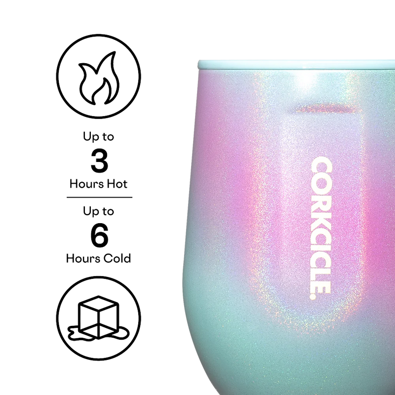 Corkcicle Stemless wine cup showcasing insulation features, highlighting up to 3 hours hot and 6 hours cold functionality.