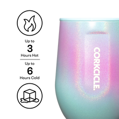 Corkcicle Stemless wine cup showcasing insulation features, highlighting up to 3 hours hot and 6 hours cold functionality.