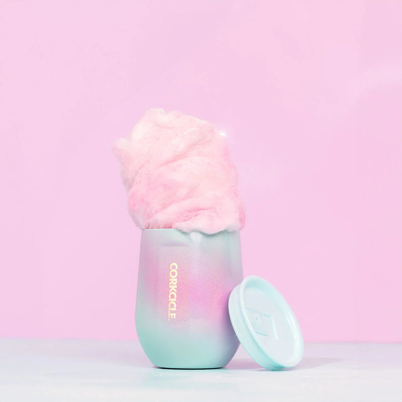 Corkcicle Stemless wine cup in pink and teal shimmer with cotton candy, showing lid off.