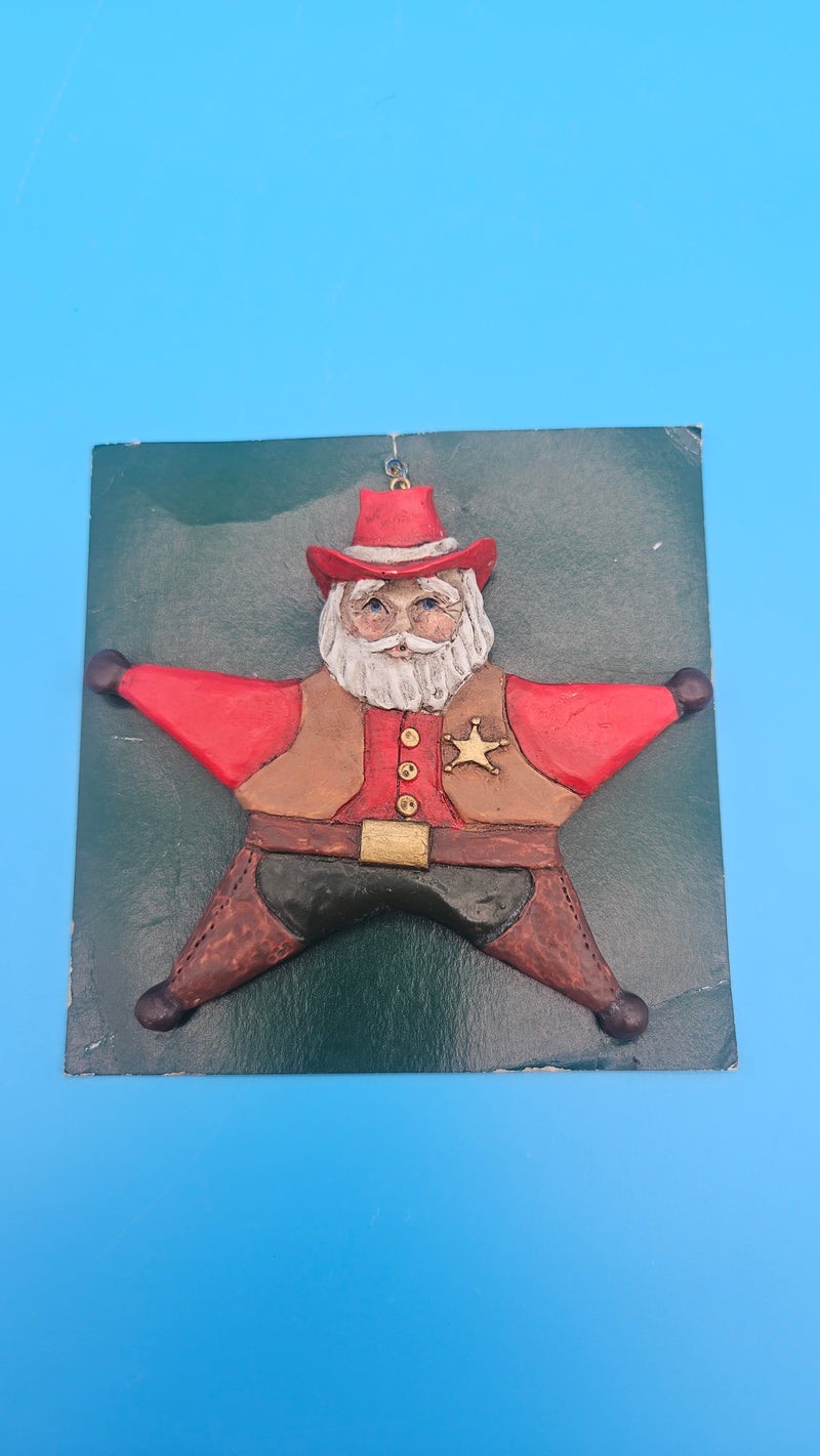 Vintage cowboy Santa with red hat and sheriff star – western Christmas tree ornament