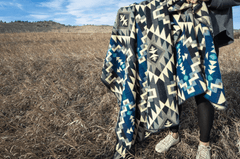 Alpaca wool throw blanket in blue Chakana geometric pattern - Andean home textile
