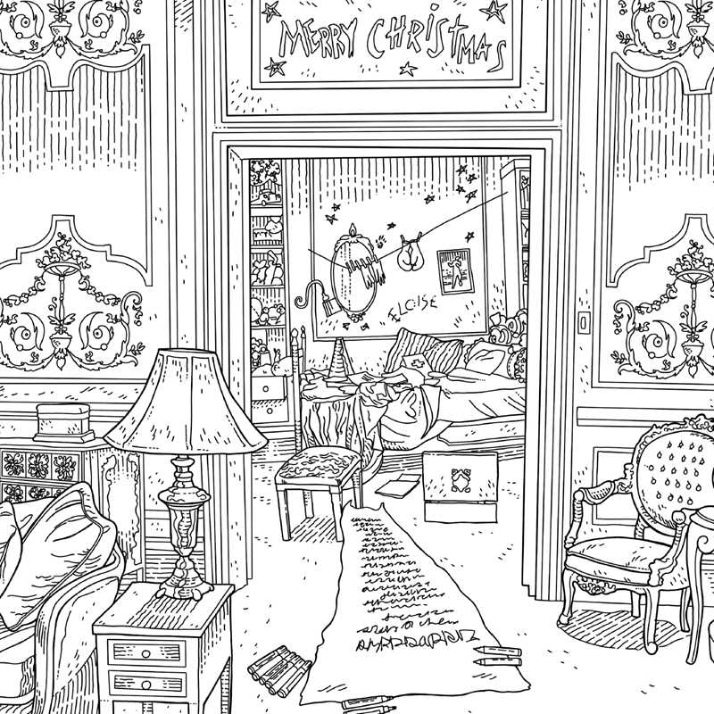 Illustration of a cozy room with furniture and decorative elements, featuring a 'Merry Christmas' sign.