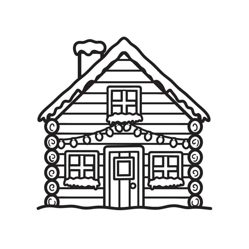 Black and white illustration of a log cabin with decorative lights.