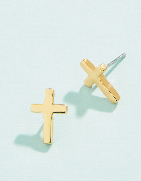 Cross stud earrings in 14kt gold vacuum plating displayed on a light background