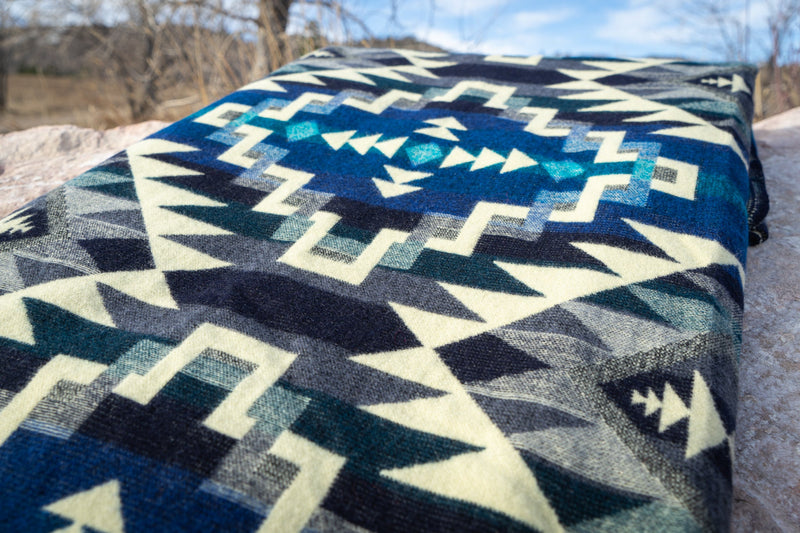 Andean Alpaca Wool Blanket - Blue Chakana (Reversible Queen Size)