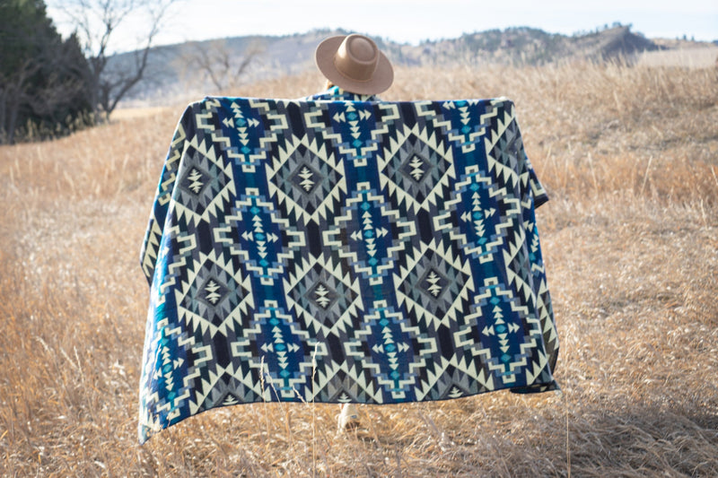 Andean Alpaca Wool Blanket - Blue Chakana (Reversible Queen Size)