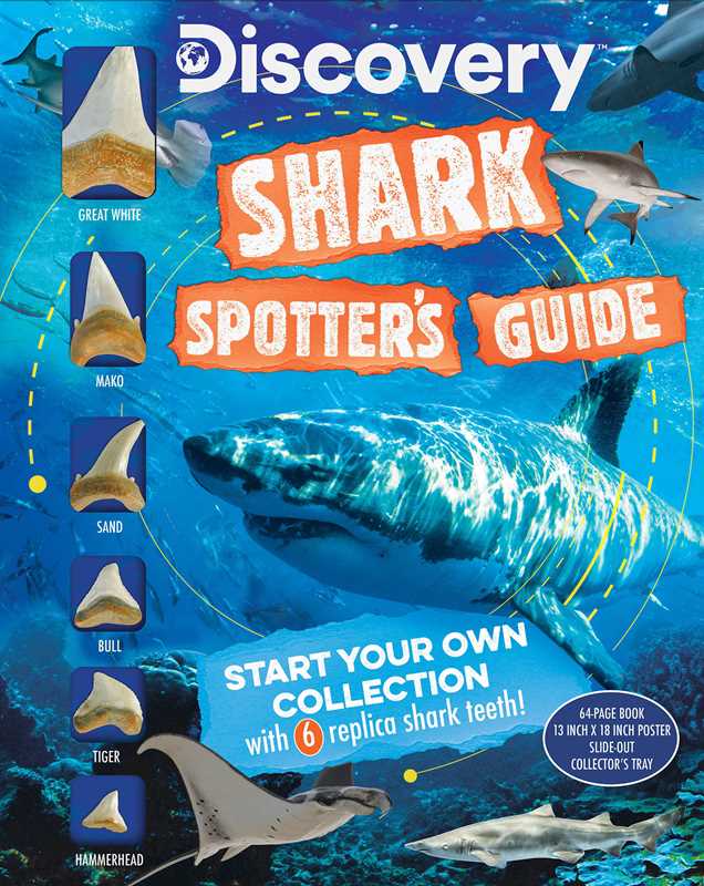 Discovery Shark Spotter's Guide with shark illustrations and text on a blue underwater background