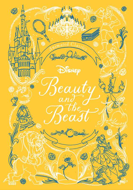 Decorative cover of 'Beauty and the Beast' with castle, key, and characters on a yellow background