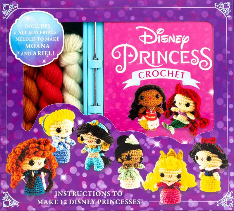 Disney Princess crochet kit with yarn, hooks, and instructions on a purple background