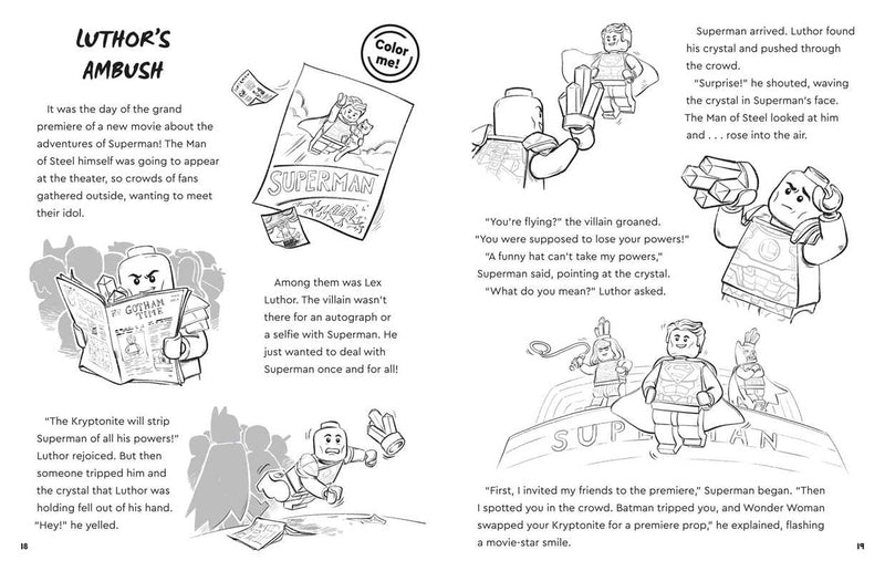Coloring book page with superhero-themed illustrations and text.
