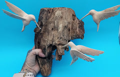 Driftwood wall art with hand-carved hummingbirds in rustic coastal style – decorative accent
