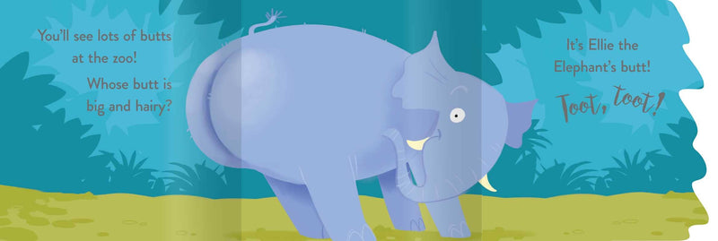 Illustration of an elephant with text about its butt, on a blue and green background.