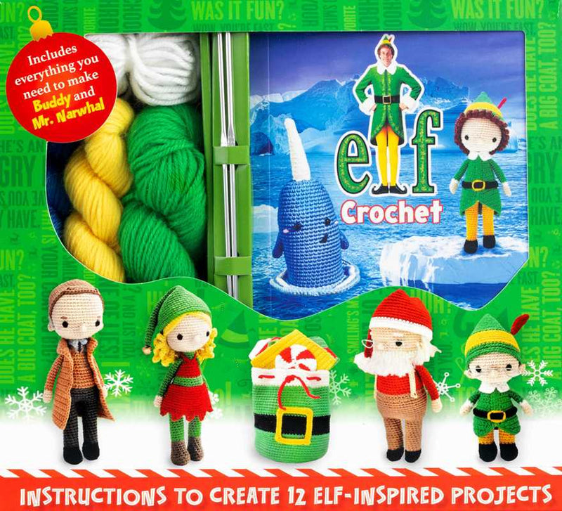 Crochet kit with yarn and instructions for creating elf-themed projects, including a book titled 'elf Crochet'.