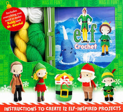 Crochet kit with yarn and instructions for creating elf-themed projects, including a book titled 'elf Crochet'.