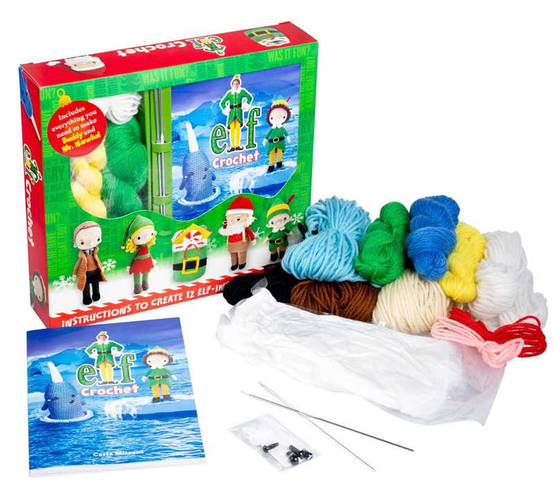 Elf crochet kit with colorful yarn and packaging on a white background