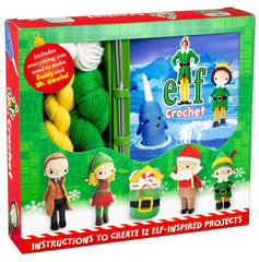 Elf crochet kit packaging with yarn and figures on a green and red background