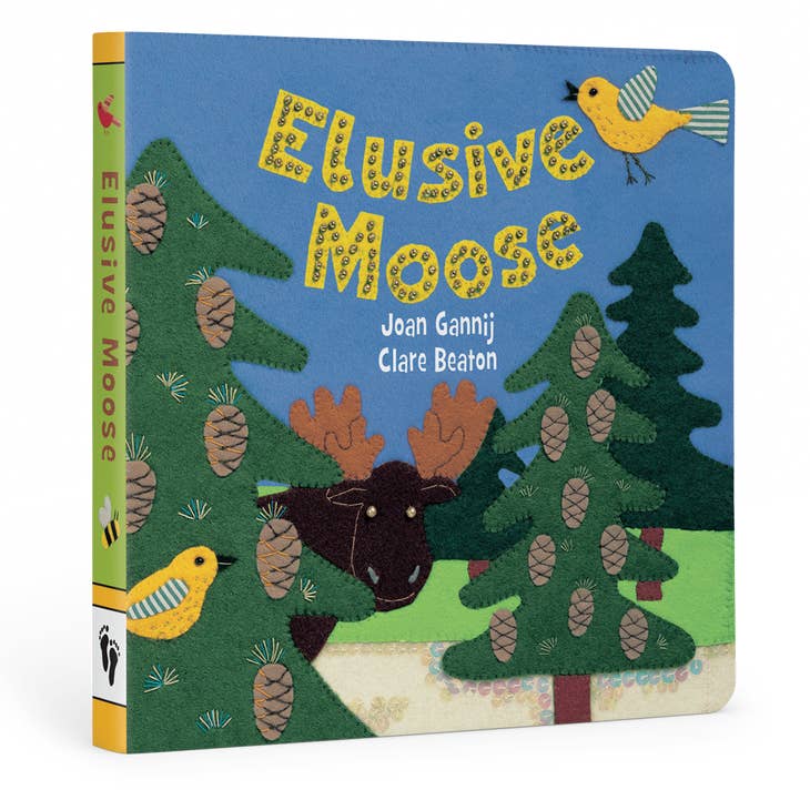 Cover of "Elusive Moose" children's board book featuring a moose hidden among forest scenery.