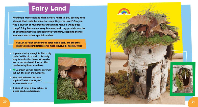 Children's book page about fairy land with a wooden fairy house and text instructions.