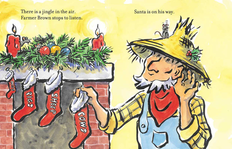 Illustration of a farmer by a fireplace with stockings and Christmas decorations, from a children's book.